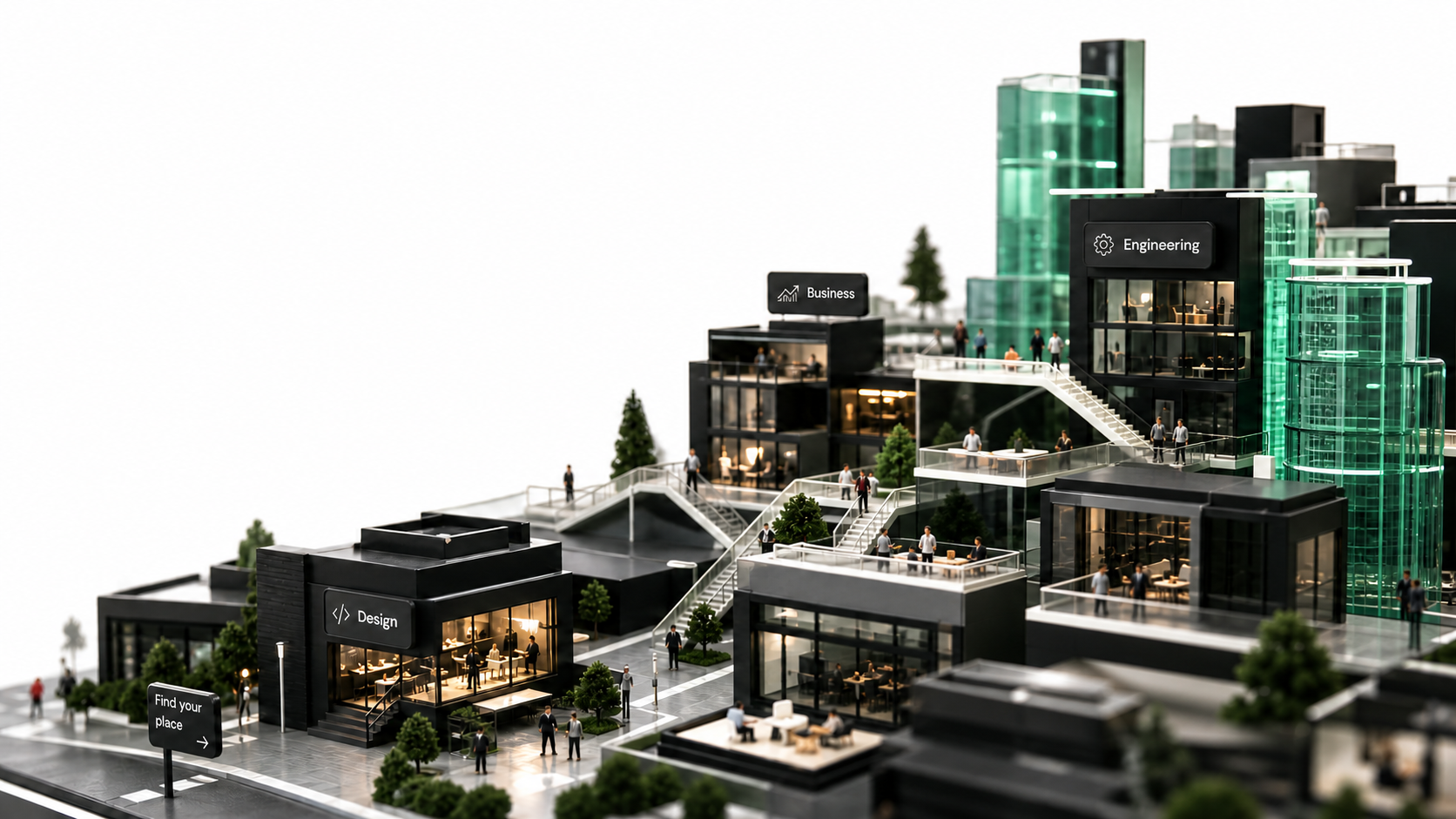 A miniature world of workplaces in black and emerald glass